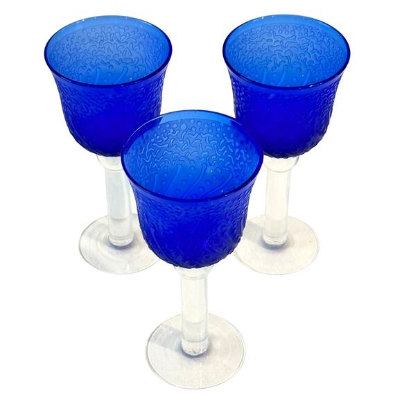 "It's A Blast" Arizona Cobalt Blue/Clear Stem Art Glass Water Wine Goblets-Set 3 - Picture 2 of 10